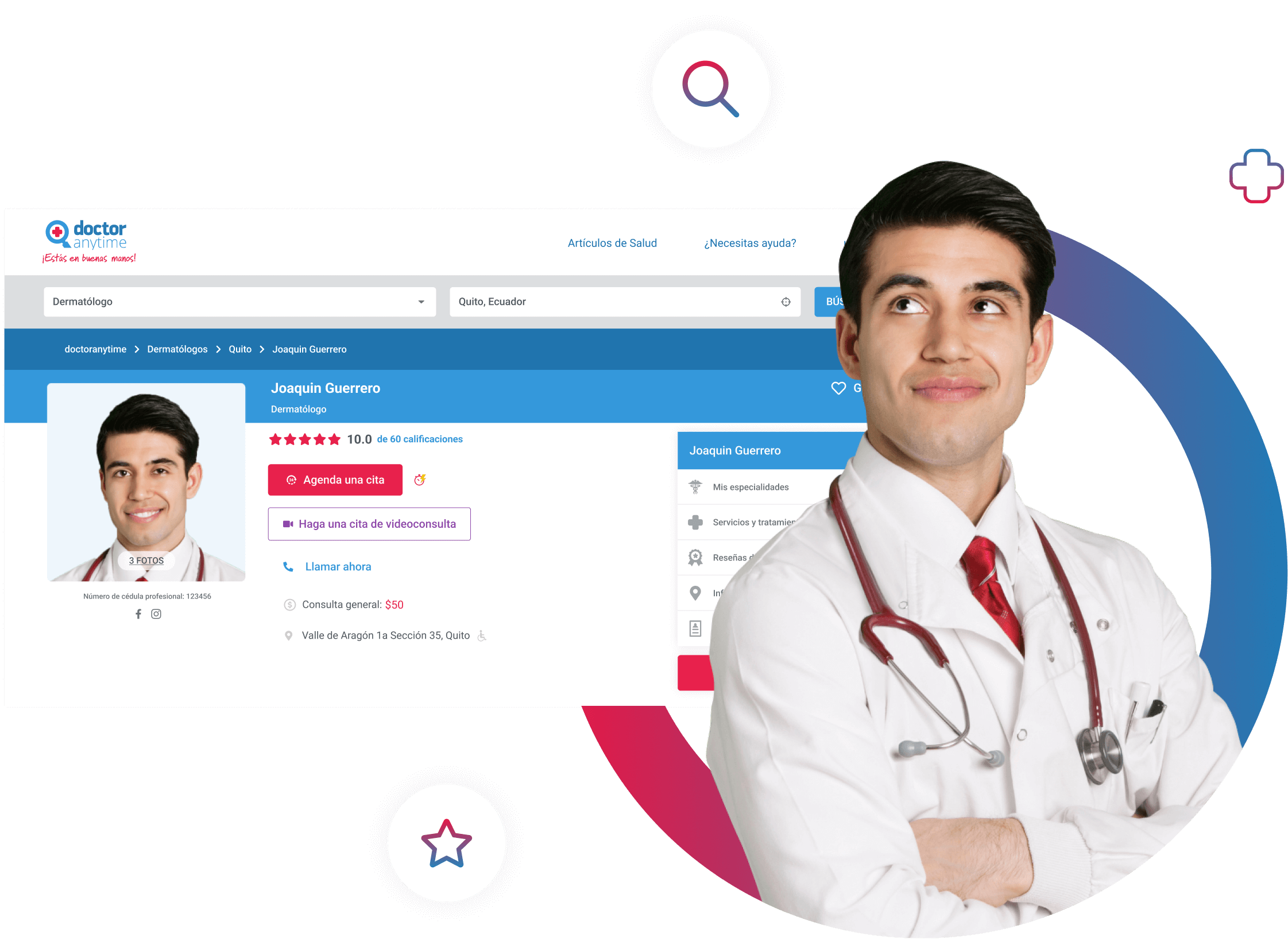Médico Dermatólogo con su perfil completo en la plataforma médica de Doctoranytime para hacer consultas médicas en línea.
